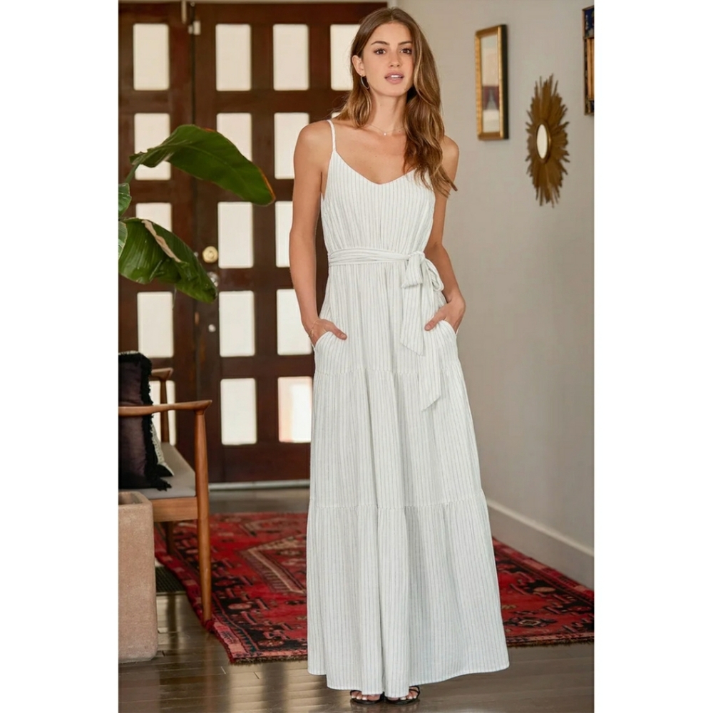 White Striped Sleeveless Tiered Maxi Dress